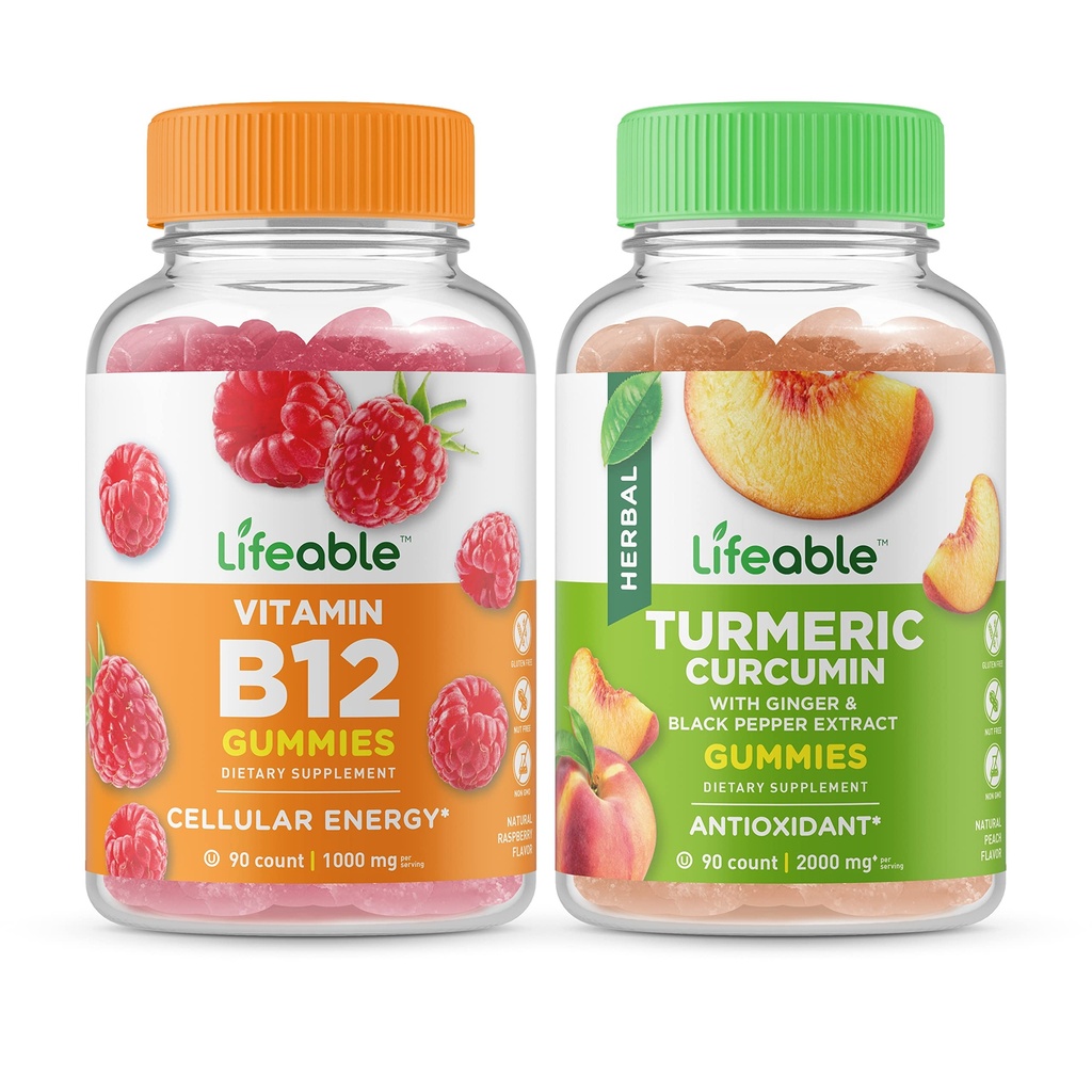 Vitamine vivante B12 + Curcumine curcuma curcuma, Gummies Bundle - Grande dégustation, supplément de vitamine, sans gluten, sans OGM, à croquer