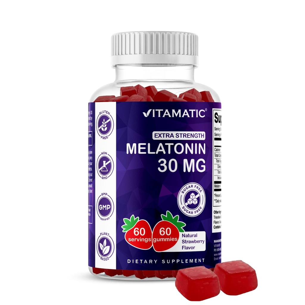 Vitamatic Sugar Free Melatonin 30mg per Gummy - 60 Serve - 60 Gummie Vegetariane - Supplemento Non-Habit Forming (60 Conteggio (Pacchetto di 1))