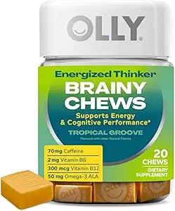OLLY Energized Thinker Brainy Chews, 70mg di caffeina, vitamina B12 & Omega-3, Integratore di energia, Tropicale Aromaed, Vegetariano, 20 Conte