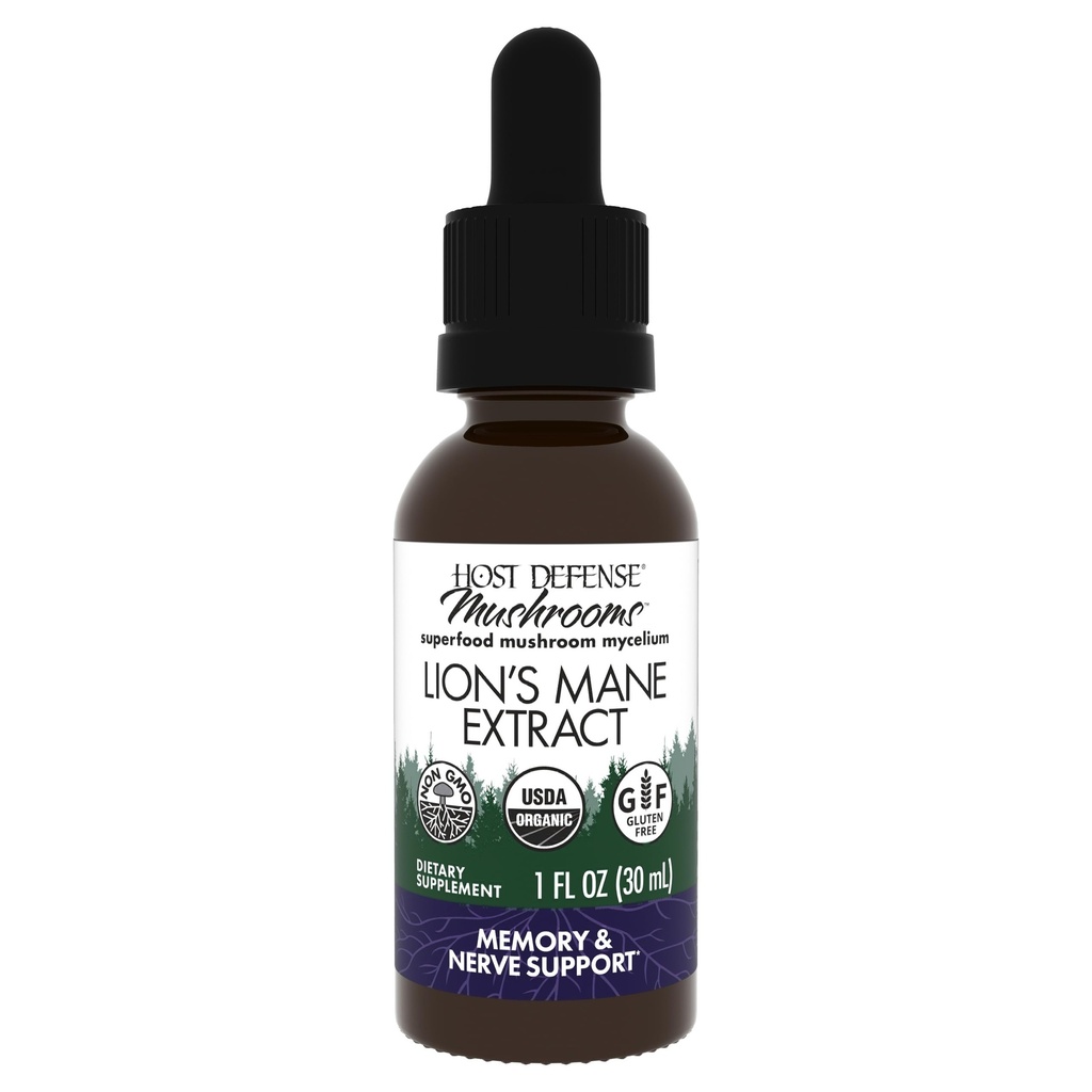 Host Defense Mushrooms Lion's Mane Extract - Lion's Mane Liquid Complement for Brain Health - Mushroom Support for Focus & Memory Function - Immune & Nervous System Support - 1 fl oz (30 portions)*
