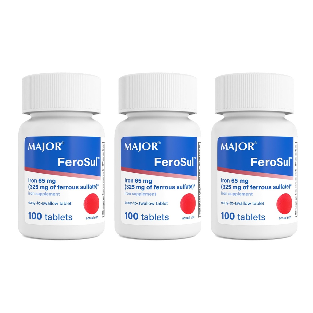 MAJOR Ferosul - Sulfate ferreux 325mg Comprimés avec 65mg de fer élémentaire - Supplément en fer pour les femmes, les hommes - Rouge - 100 Comprimés (3 Pack)