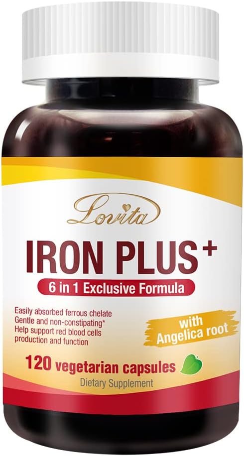 Lovita Iron 18 mg, 6 in 1 Eisen Supplement für Frauen, Vitamin C, Dong Quai & B12, Vegan Vitamin zur Unterstützung der roten Blutzellproduktion ohne Konsum, 120 Kapseln
