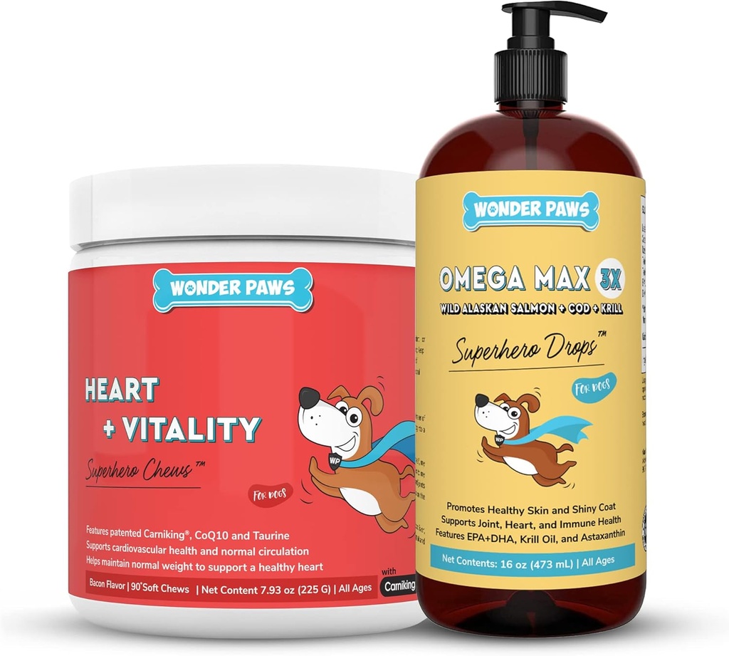 WONDER PAWS Herz + Vitalität Superhero Chews Plus Omega Max Fish Oil - für Hunde Herz Gesundheit, Haut und Gelenk Pflege & Immununterstützung - Herz + Vitalität 90 Chews - Omega Max 16 Unzen