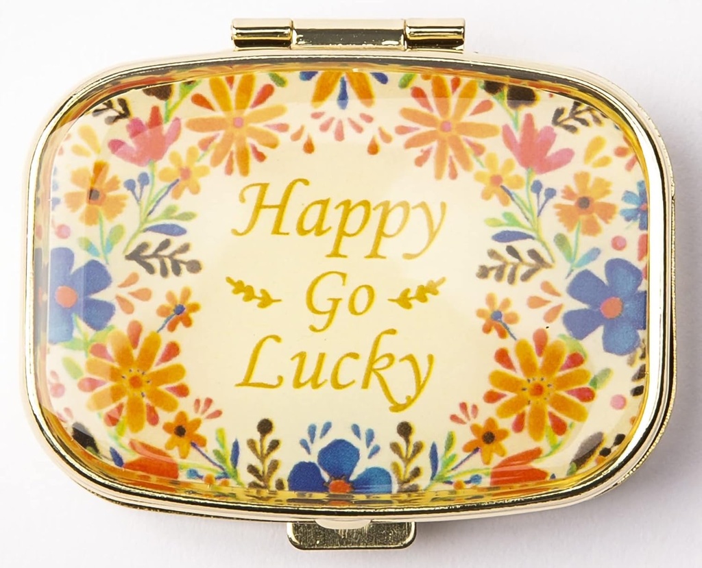 AmyZone metallo Pill Organizer Travel Friendly Portable Compact Pill Box Cute Pill Case per mantenere le vitamine/Tilenol/Fish Oil/Supplements/Meds/Tablet per la borsa/Pocket(Happy Go Lucky)