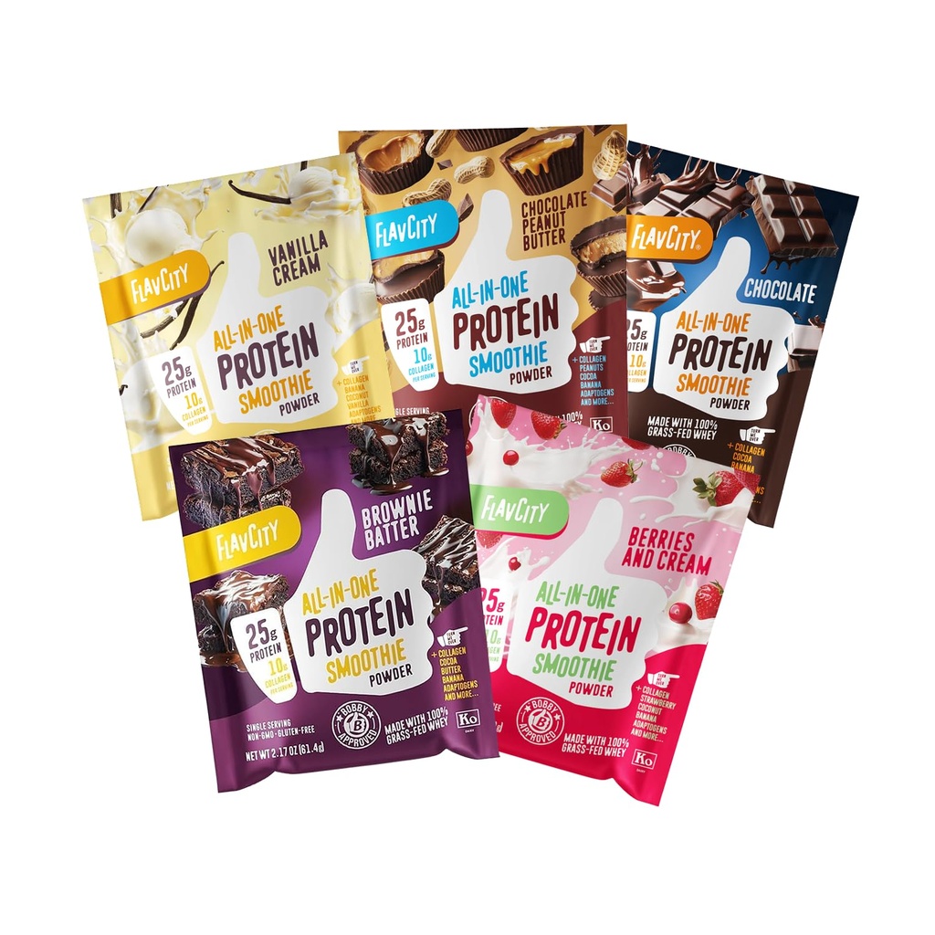 FlavCity All in One Protein Shake Powder Packets - On the Go Mahlzeit Alternative + 25g Protein & 10g Kollagen, hergestellt aus Bio-Reishi & Cordyceps-Pilzen - No Added Sugars, Variety 10 Pack
