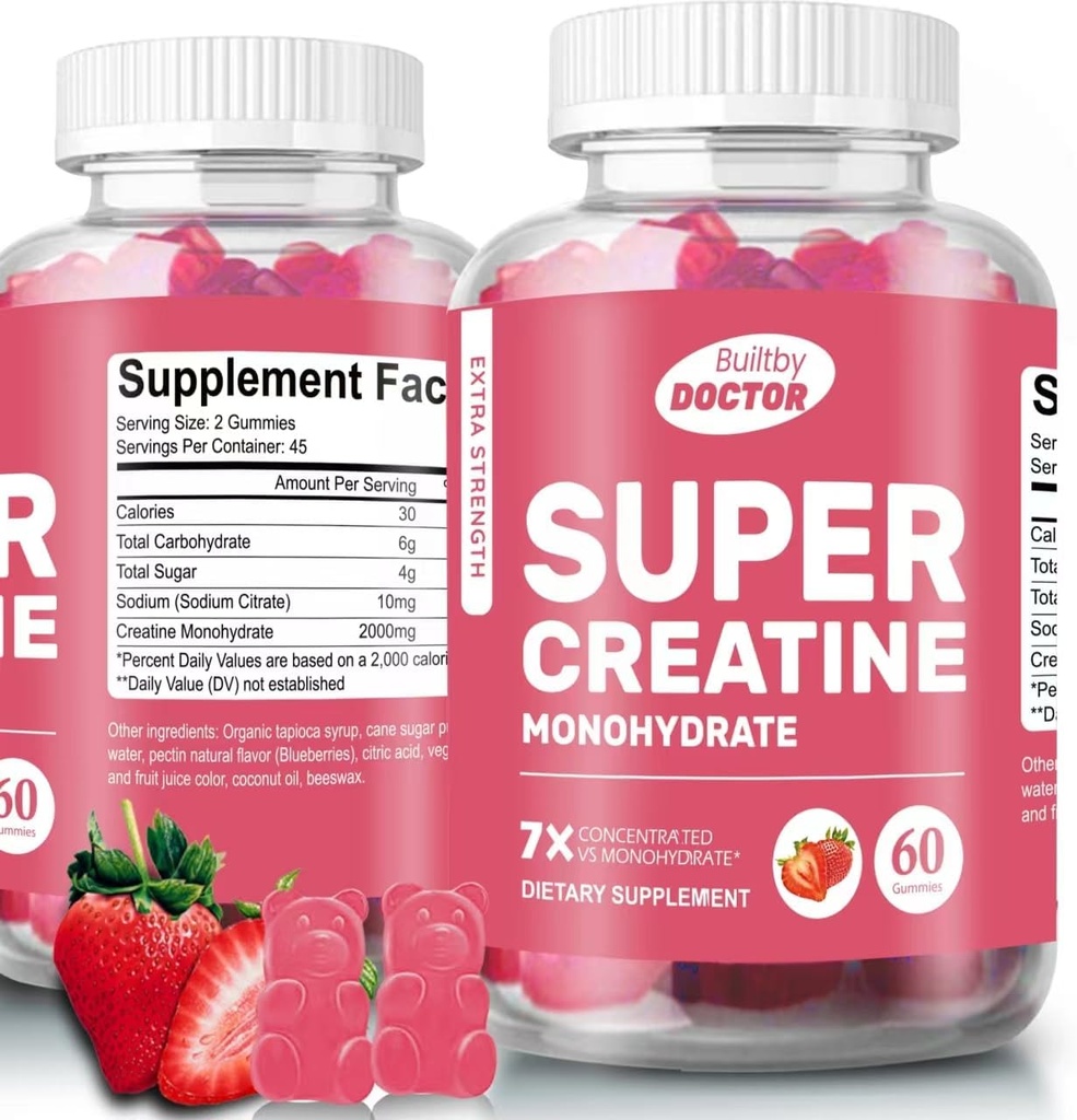 Super Creatine Monohydrate Gummi für Männer und Frauen, Zuckerfrei, 30 Servierungen, 5g Kreatin pro Servierung, Vegan, Glutenfrei, Bodybuilding Erholung Ergänzung zu Muskelgröße und Stärke zu erhöhen