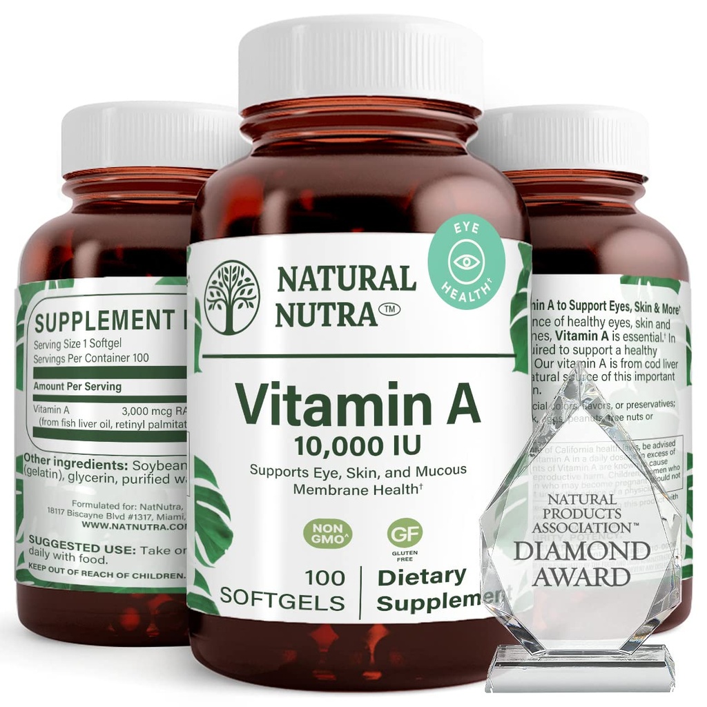 Vitamina Nutra Naturale A 10,000 IU Softgels – Alta potenza Occhi e Vitamine Pelle – Vitamina senza glutine Un supplemento per la salute della vista e della pelle – Olio di fegato di pesce per gli uomini e le donne, Gluten Free 100 Softgels