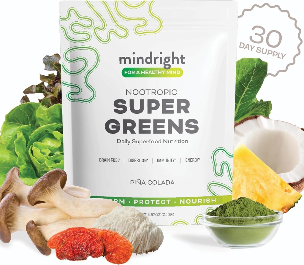 mindright Super Greens Powder - Unterstützt tägliche Wellness & Mental Clarity - Bio Green Powder Superfood - Alkalisierende Bio Superfood Greens Blend - 1 Count - 30 Day Supply