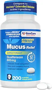 GenCare - Mucus Relief Guaifenesin 600mg (200 compresse) Mucus Relief Expectorant for Congestion & Cough - Extended Release Tablets for Immediate & Lasting Relief