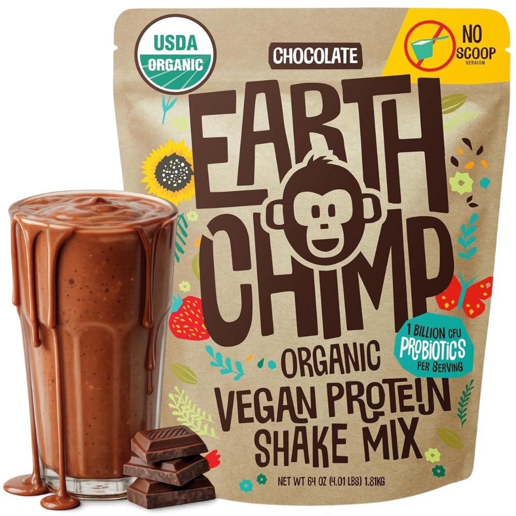 TerraChimp Organic Vegan Protein Powder - con Probiotici - Non OGM, Dairy Free, Non Whey, Plant Based Protein Powder per Donne e Uomini, Gluten Free - 52 Servings 64 Oz (Chocolate) No Scoop
