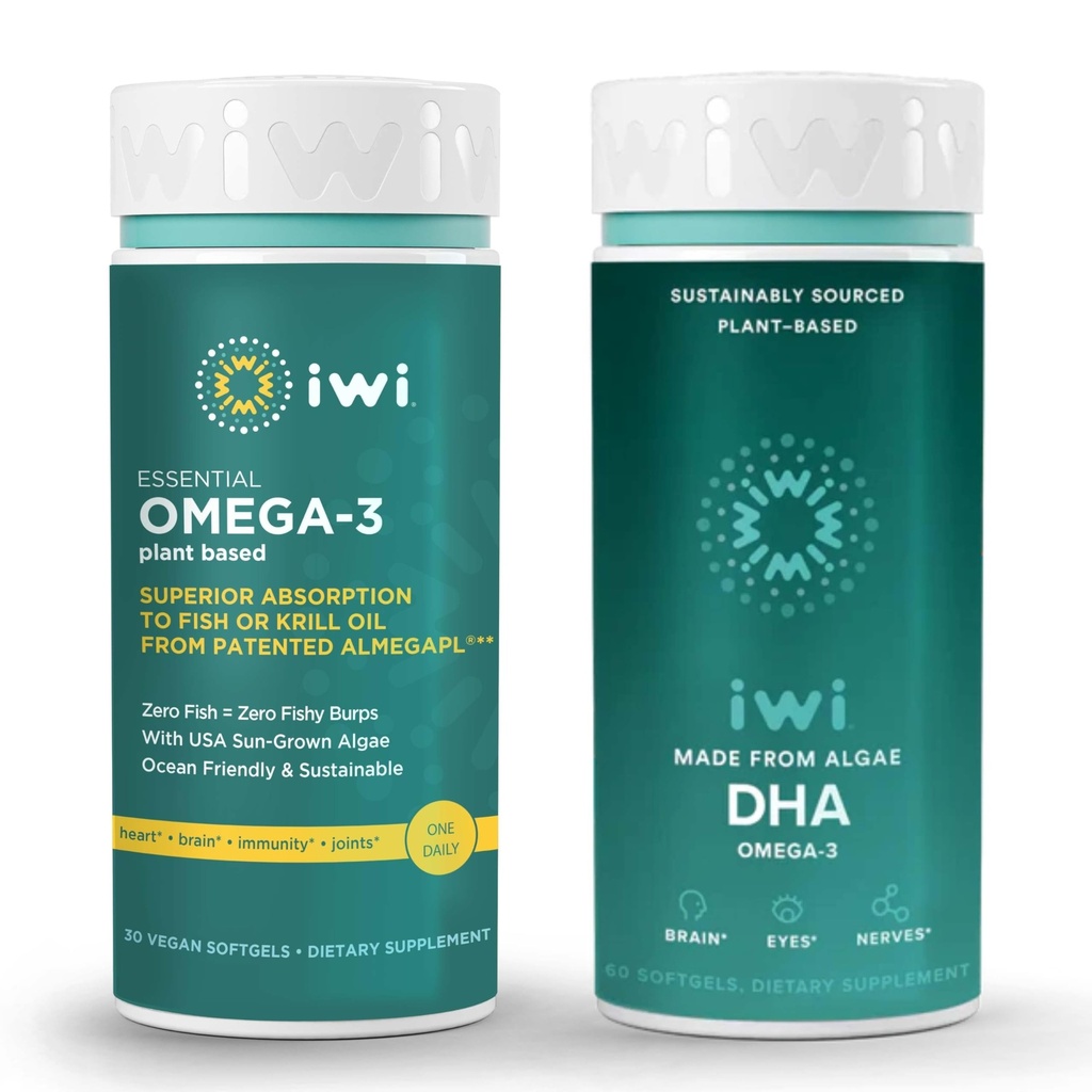 Iwi Omega-3 Essential & DHA Omega-3 Bundle, 30 portions, les algues végétales Omega 3, Krill et huile de poisson alternative, sans arrière-goût de poisson