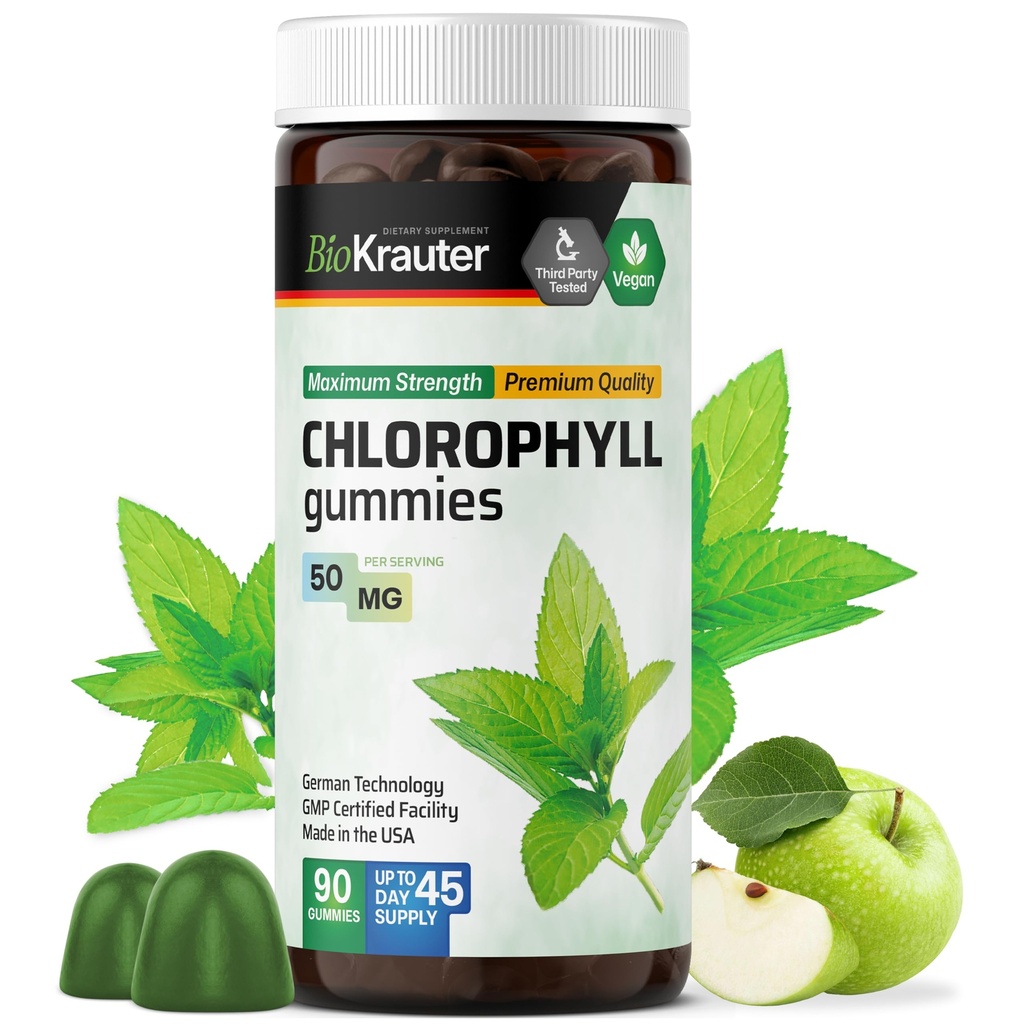 BIO KRAUTER Chlorophyll-Gummien - 90 Chews - Chlorophyll-Ergänzungen - Natürliche Haut- & Detox-Unterstützung - Vegan, Pectin-basiert, Non-GMOs Chews