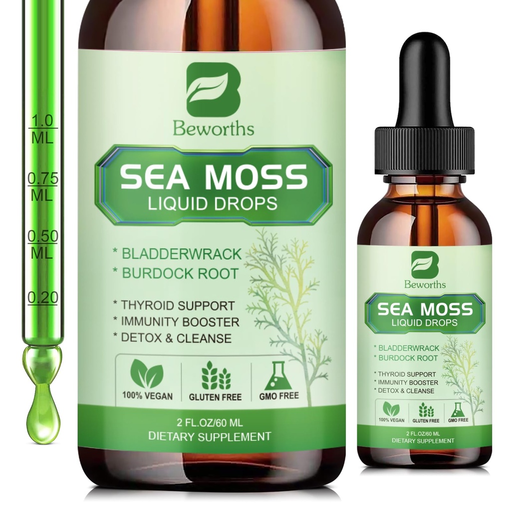 Sea Moss Liquid Drops - Organic Irish Sea Moss Gel mit Spirulina, Bladderwrack, Burdock Root, Seamoss Gel Supplement für Joint, Detox Cleanse & Digestion Support - 2 Fl Oz, Vegan