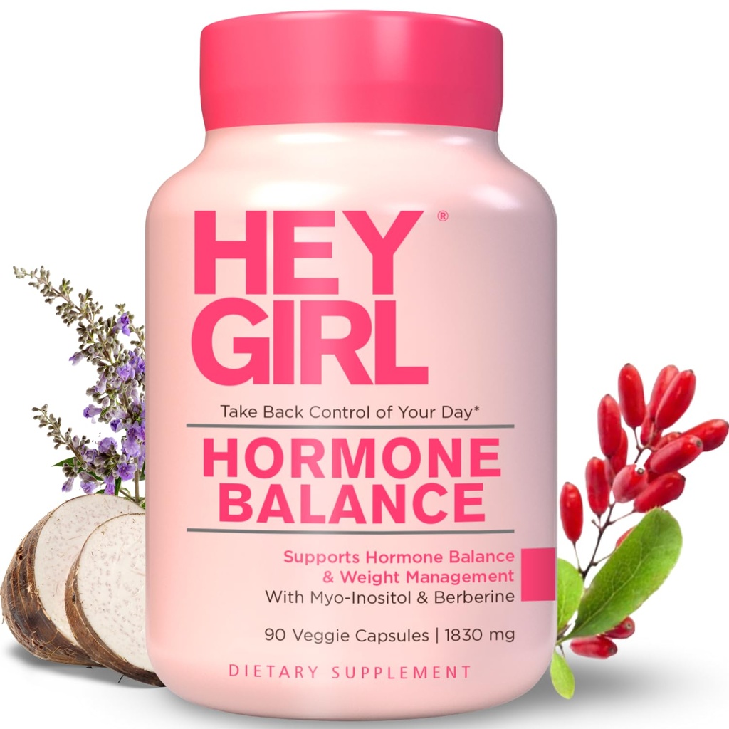 Hey Girl Hormone Balance for Women — 13-in-1 Menopause, PMS & Cycle Support — Mood & Hot Flash Support with Myo-Inositol, Berberine, Maca, Black Cohosh, DIM – 90 Capsules