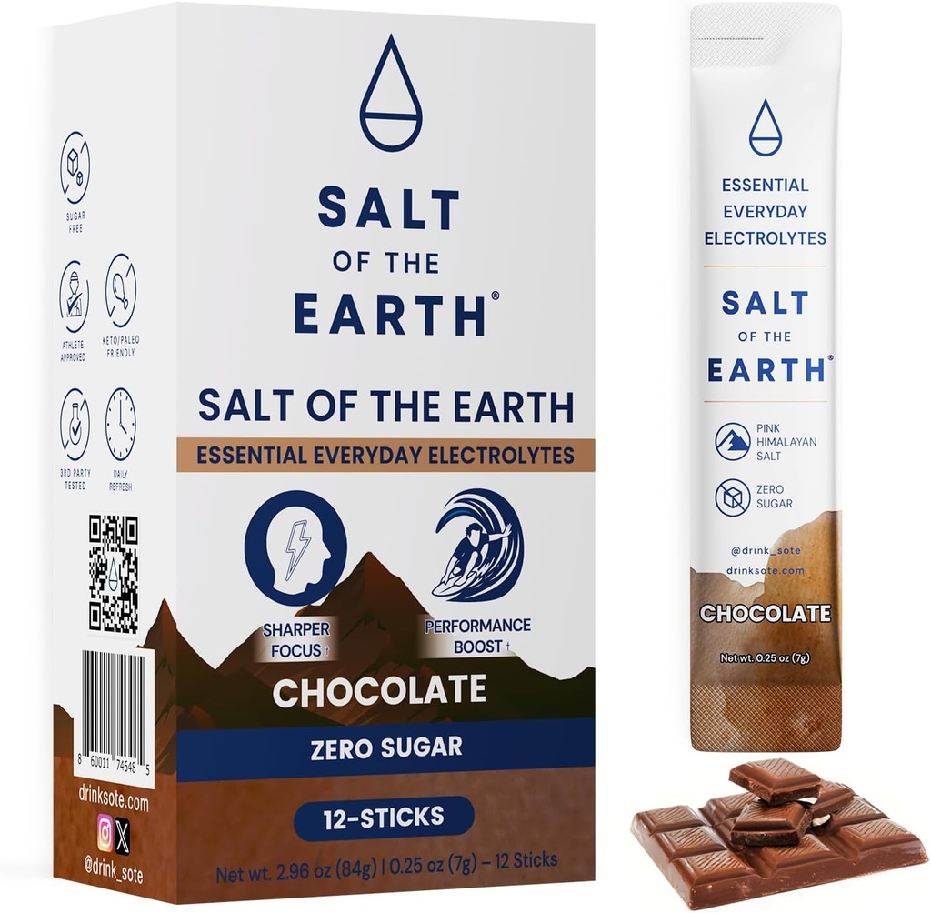 Salt of the Earth Premium Zero-Sugar Electrolyte - Realizzato con sale himalayano rosa - Pacchetti di polvere di idratazione | Ingredienti Premium | Keto & Paleo Friendly | 12 Sticks, Cioccolato
