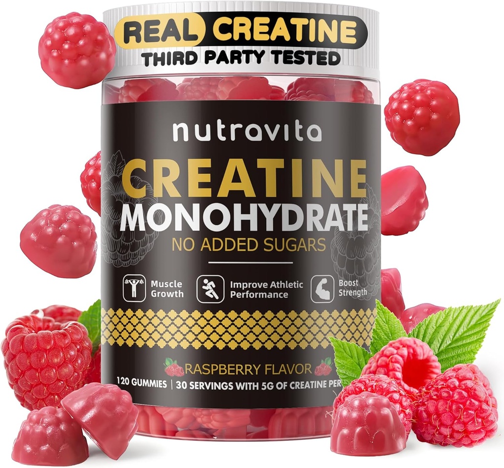 Nutravita Creatine Monohydrate Gummi für Männer & Frauen-5g Creatine Monohydrate pro Servieren - Sugar Free,Vegan, Raspberry Flavor, 120 Count
