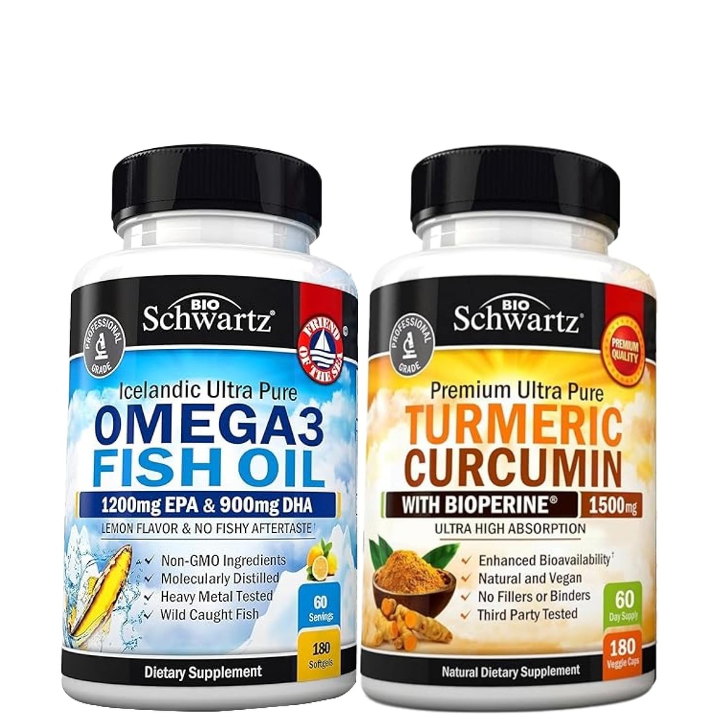 Triple Strength Omega 3 Fish Oil Softgels (2 mesi di alimentazione) Plus curcumina curcuma curcuma con pepe nero estratto 1500mg Complesso (2 mesi di alimentazione)