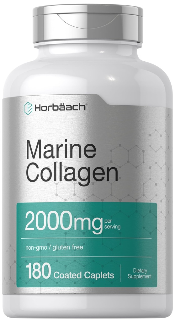 Horbäach Marine Collagen Peptides 2000mg | 180 Caplet Kapseln | Typ 1 mit Calcium | Non-GMO, Glutenfreie Ergänzung