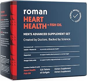 ROMAN Heart Health | Men's Daily Nutritional Supplement for Cardiovascular Support, Features Magnesium, Vitamine K + D3, CoQ10 und Spirulina | 30-Day Supply (120 Tabletten + 60 Fish Oil Softgels)