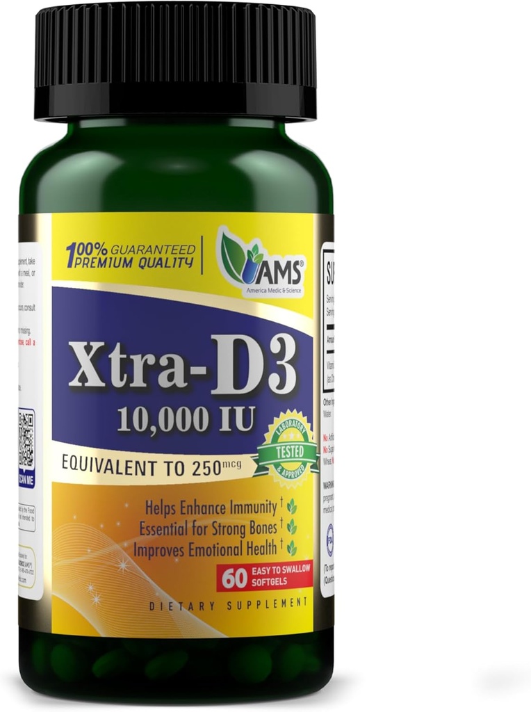 America Medic & Science Xtra D3 Vitamin D 10,000 IU (250 mcg) Cholecalciferol Supplement for Men & Women (60 Easy to Swallow Softgels) Best for Bone, Heart Health, Immune System Support, Lung Function