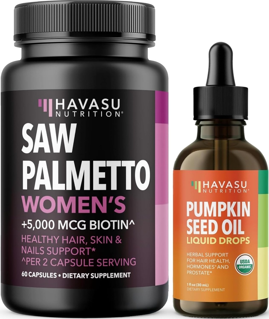 HAVASU NUTRITION USDA Organic Pumpkin Seed Oil Drops (60 Servings) & Saw Palmetto for Women Hair Complex (30 Servings)