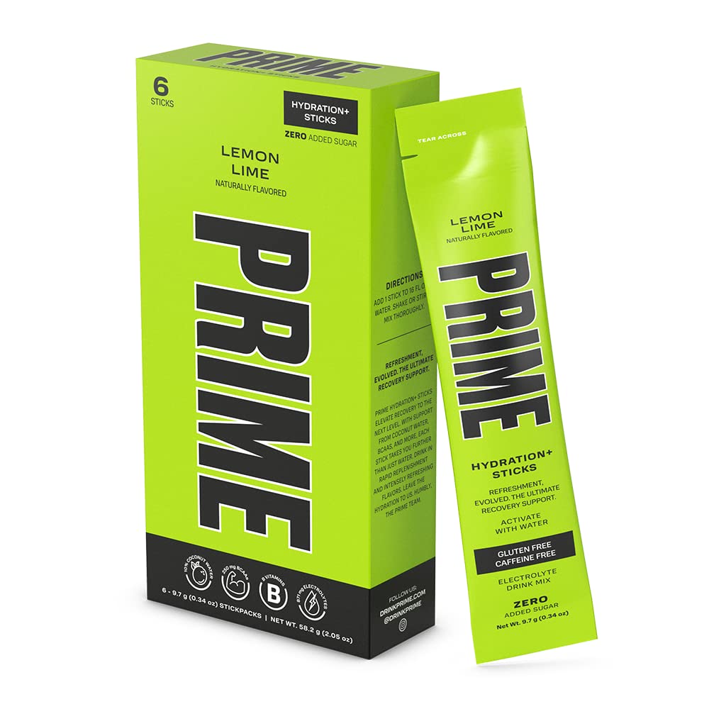 PRIME HYDRATION+ Sticks Lemon Lime | Polvere di idratazione Single Serve Sticks | Polvere di elettrolita sul Go | Basso zucchero | Caffeina-Free | Vegan | 6 Sticks