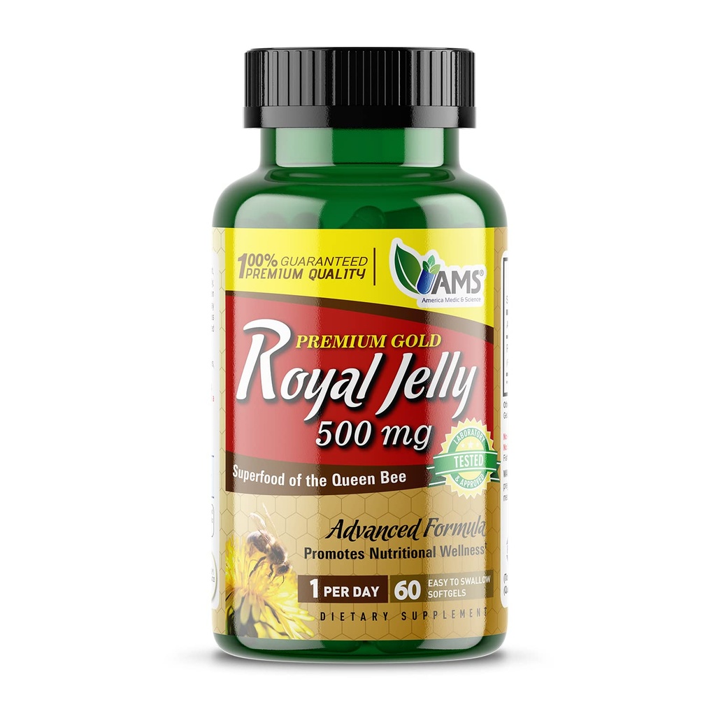 America Medic & Science Royal Jelly 500mg (60 softgels) , Superfood of The Queen Bee , Supplément alimentaire pour les femmes , favorise l'immunité et la fertilité , soutient la peau, le foie, le coeur et la santé du cerveau