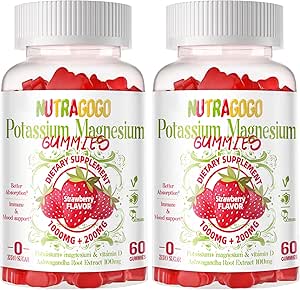 Gummie di magnesio di potassio, Supplemento di potassio w/Ashwagandha,Glycinate di magnesio ad alto assorbimento,B6,D3,Citrato di potassio,Electroyte per bambini adulti,Sgar-Free, 60 Chews di fragole