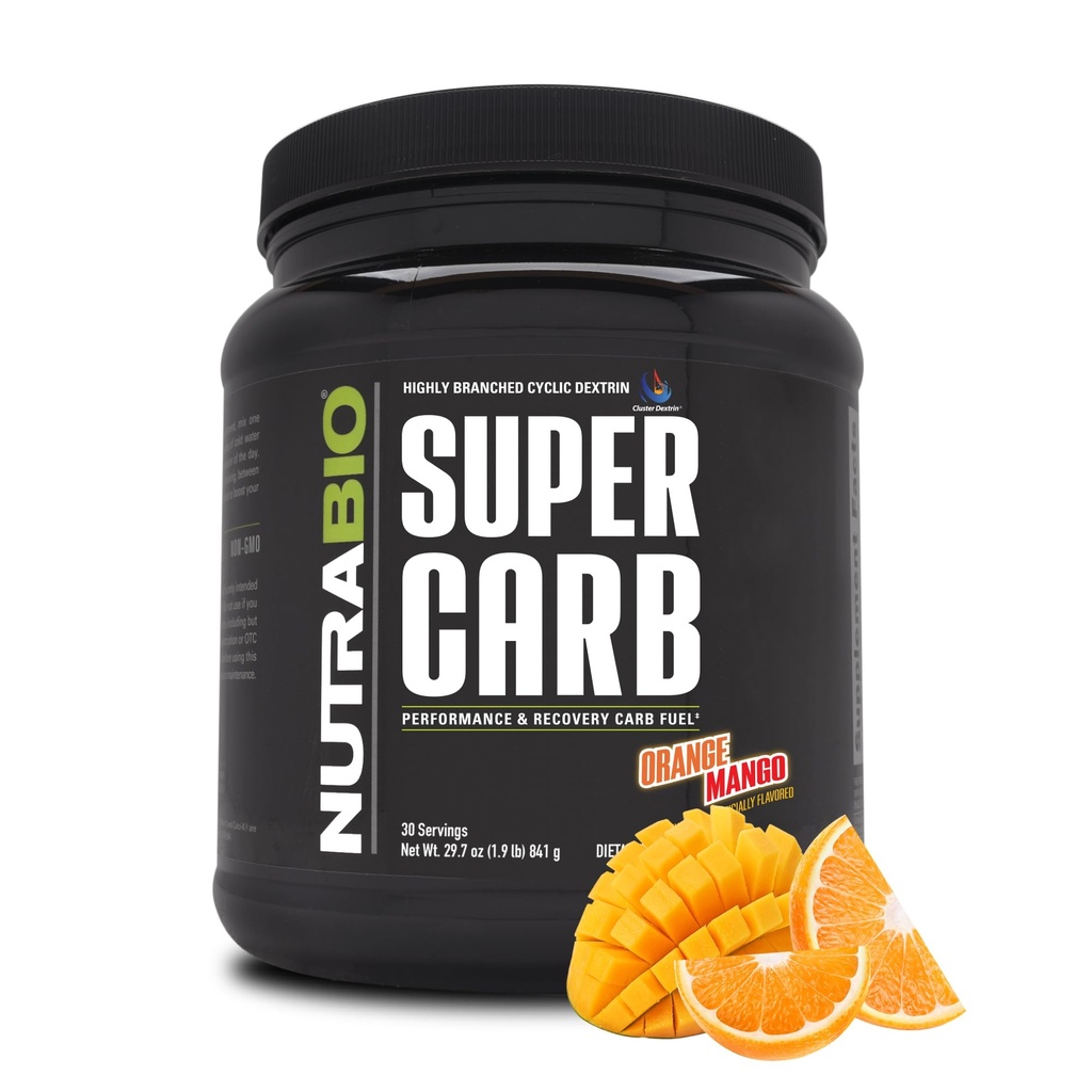 NutraBio Super Carb, Polvere di Carboidrato con Dextrin & Electrolytes Cluster, Polvere di supplemento di Carb avanzata per allenamento, prestazioni e recupero del muscolo, Dextrin Cyclic, Mango arancione, 30 Sv