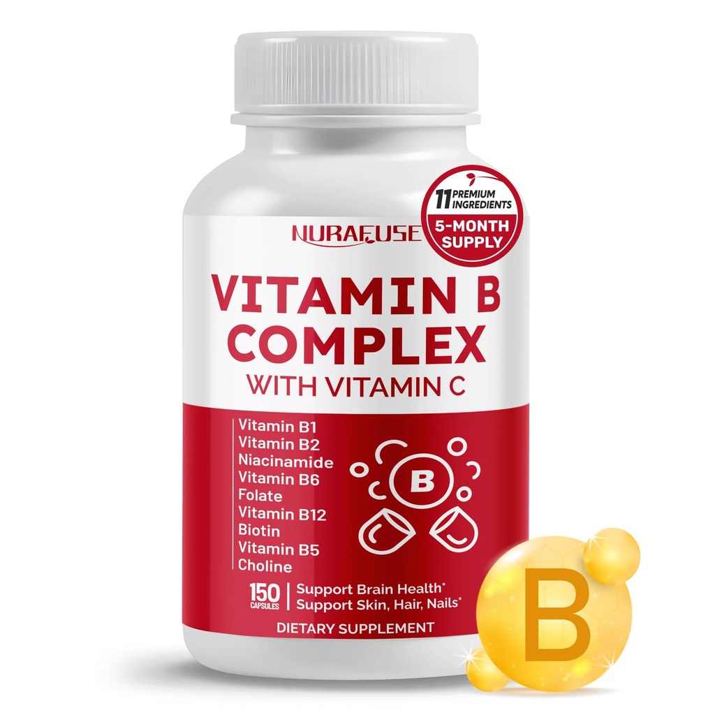 Vitamina B Complex B1, B2, 6,9,12 Niacina, con Vitamina C - Supporta la salute del cervello, livelli di energia, pelle, capelli e unghie