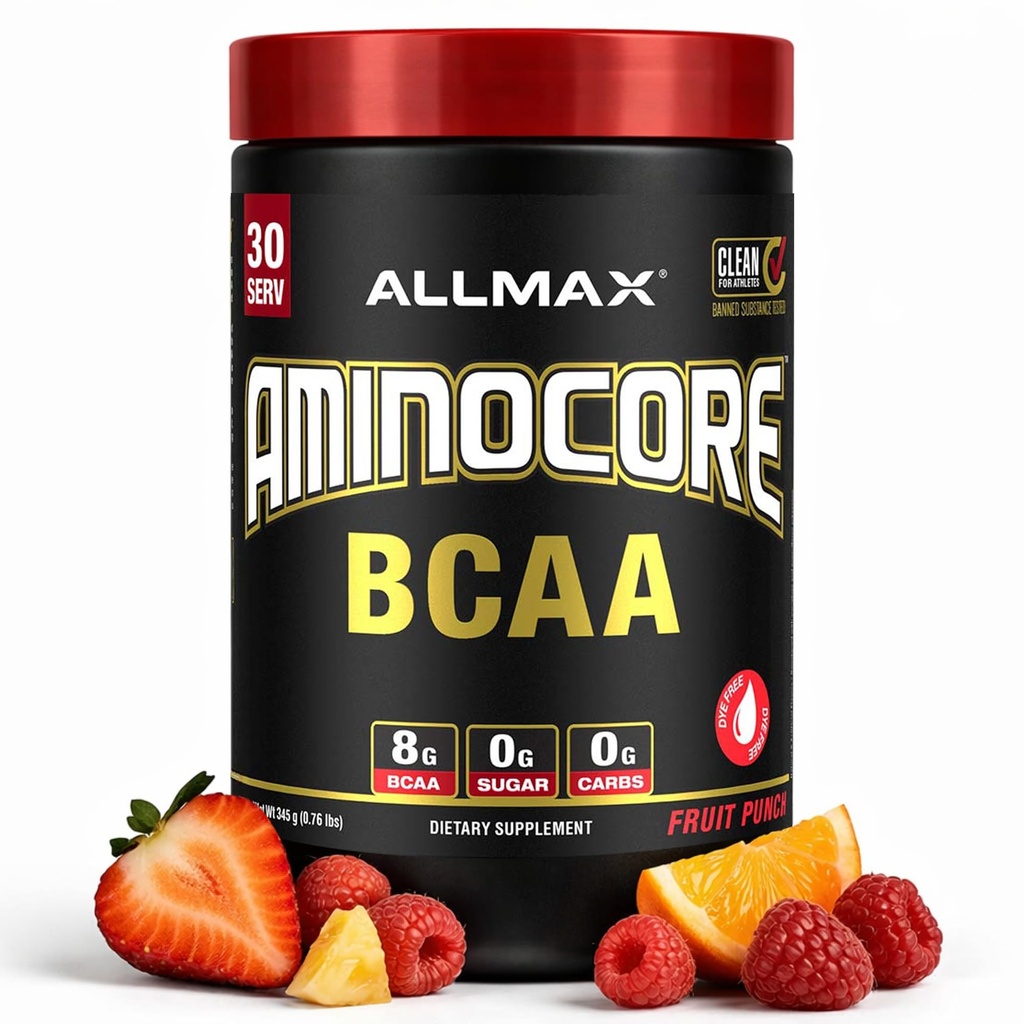 ALLMAX Nutrition AMINOCORE BCAA Powder, 8.18 Gramm Aminosäuren, Intra und Post Workout Recovery Drink, Glutenfrei, Obst-Punch, 315 g