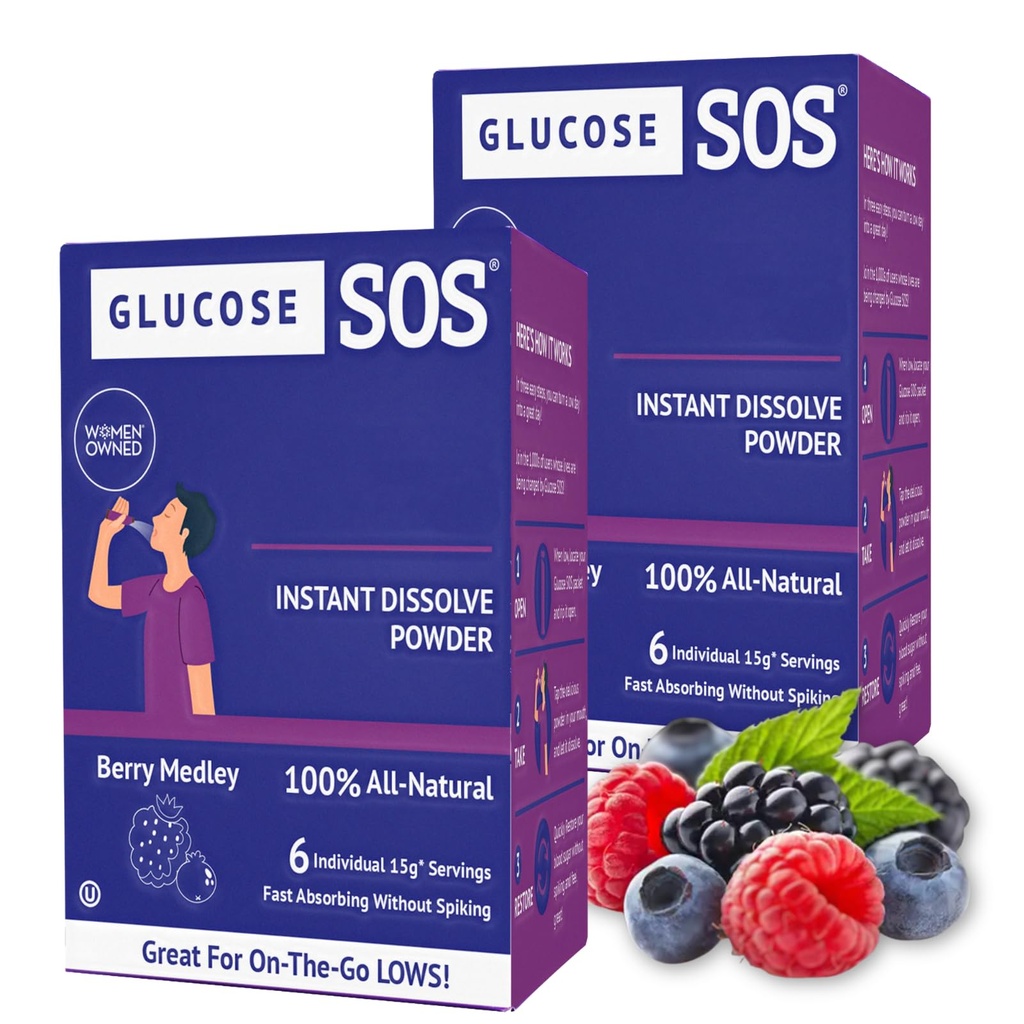 Glucose SOS Glucose Pulver-Packets mit natürlichem Dextrose, Schnellabsorption Das löst sich sofort in Ihrem Mund mit kein Wasser benötigt, Berry Medley 12 Servierungen