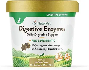 NaturVet – Enzymes digestifs pour les chats et les probiotiques – 60 Chews mous – Aide à soutenir le changement de régime et un système digestif sain – Aides à l'absorption des vitamines et minéraux – 30 jours d'approvisionnement