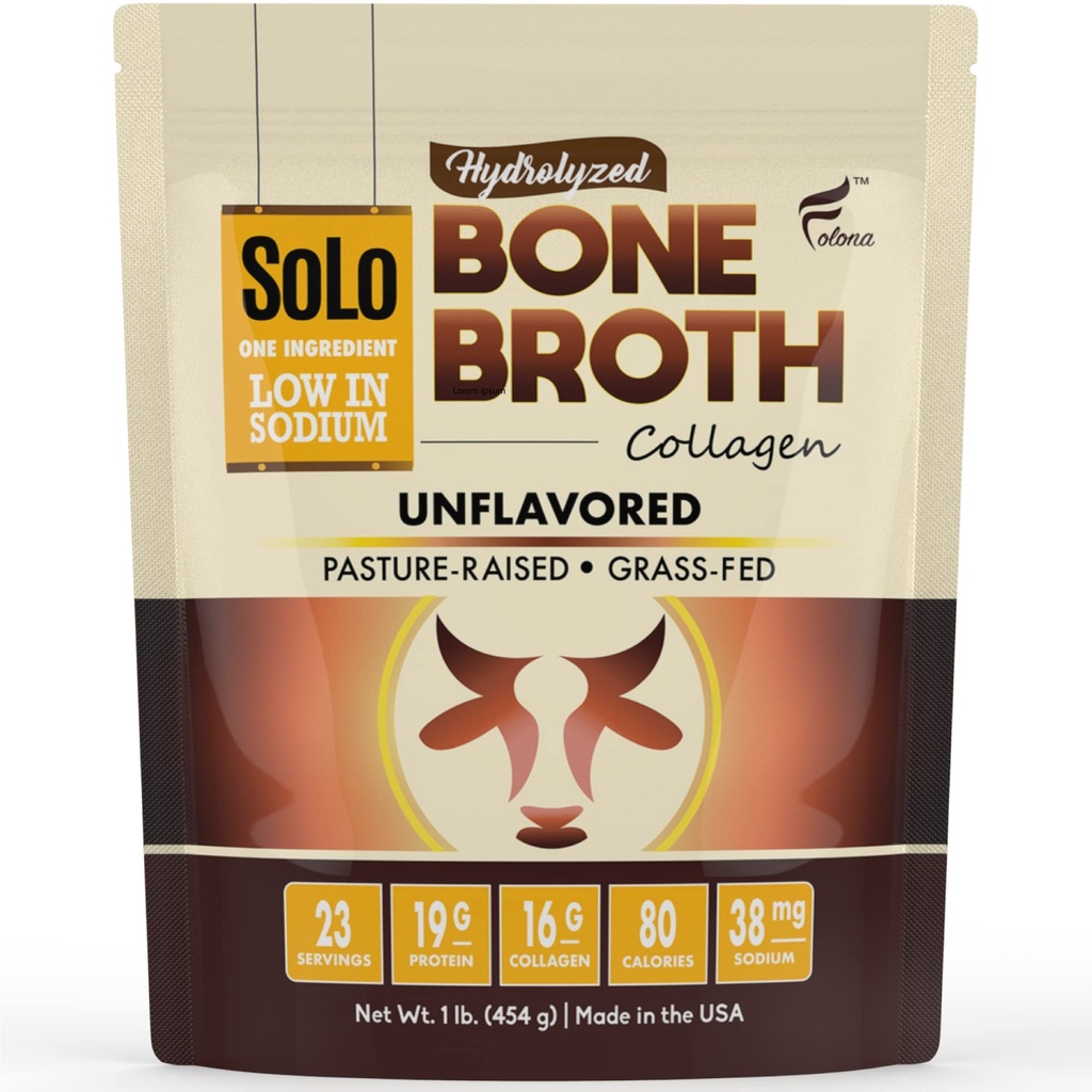 Solo Bone Broth Protein Collagen Powder Basso Sodio, 16g Collage idrolizzato Tipo I & III, per Pelle sana, Unghie, Capelli, Giunti & Digestione, Grass Fed, 1 lb (Bag - Net Wt. 1 lb. Polvere)