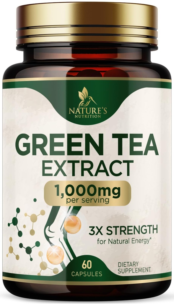 Estratto di tè verde capsule 1000 mg - Standardizzato 45% EGCG & 98% Polifenoli - 3X Forza Pillole di tè verde per l'energia naturale - Supporta la salute del cuore, Supplemento di erbe, Vegan, Non OGM - 60 capsule