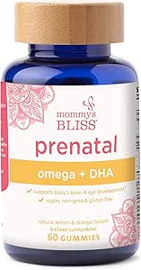 Vitamina Prenatale della Bliss della mamma con Omega & DHA: Supporta lo sviluppo del cervello e degli occhi del bambino con vitamina C, Omega 3, 6, 9, & DHA, Vegan, Gluten Free, Non-GMO, 60 Gummies (20 Serve)