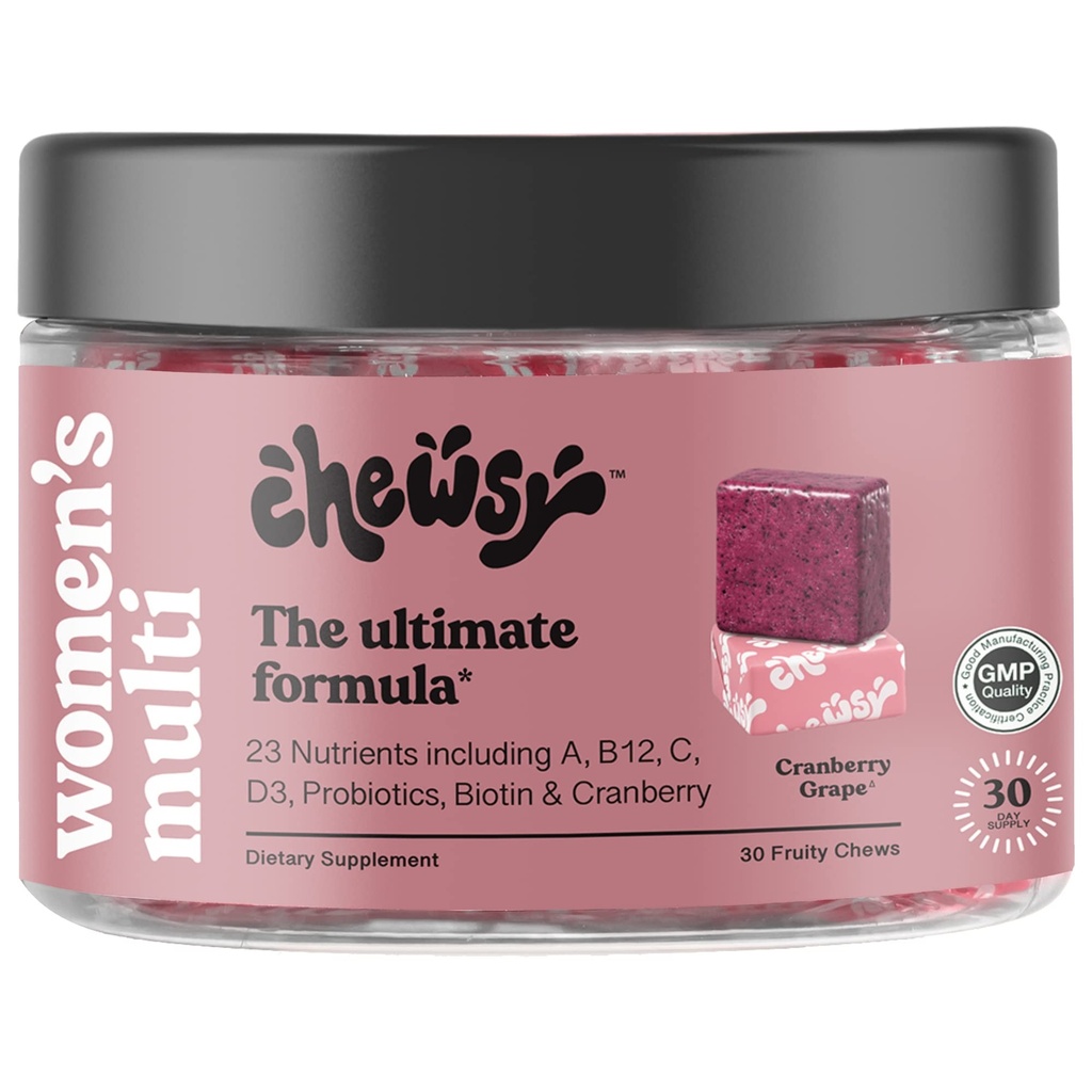 CHEWSY Multivitamina femminile - Supporto Immune & Energy - 23 Nutrienti Compresi A, B12, C, Acido Folico, Probiotici, Biotina, Mirtillo - Alimentazione 30-Giorni