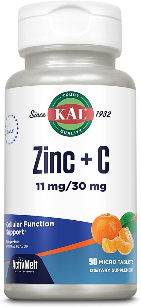 KAL Zinc Plus C, Dissolvere istantanea Vitamina C e Zinco, Funzione cellulare e supporto immunitario, Assorbimento ottimale, Sapore naturale della tangerina, Garanzia di rimborso di 60 giorni, 90 Serve, 90 Tavole Micro