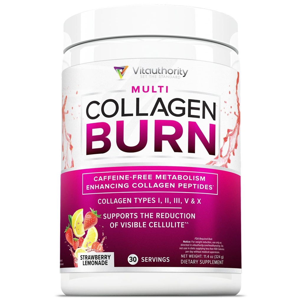 Multi Collagen Burn: hydrolysierte Proteinpeptide mit Hyaluronsäure, Vitamin C, SOD B Dimpless, Typen I, II, III, V und X, Koffeinfreie Erdbeer-Lemonade Flavored 30 Servierungen