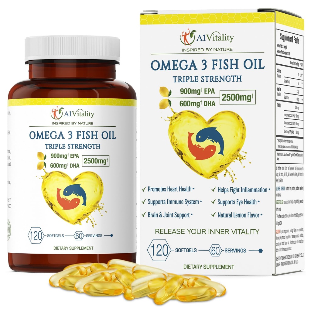 Omega 3 Triple Strength EPA DHA Supplement - 2500mg Zitrone geflammt Burpless Fischöl - Hohe Potenz 900mg EPA 600mg DHA unterstützt Zirkulation, Gehirn, Herz, Auge, Haut, Knochen & Gelenke - 120 Softgels