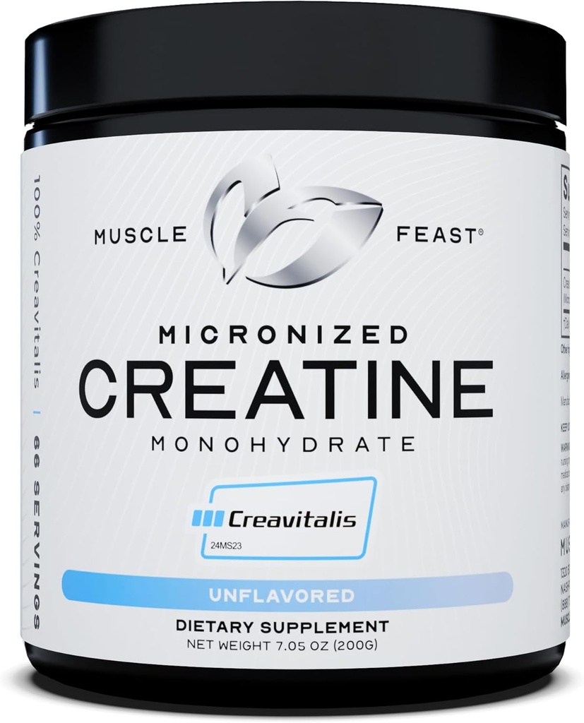 Muscle Feast Creavitalis Micronized Creatine Monohydrate Pulver | Premium Pre-Workout oder Post-Workout | Einfach zu mischen, Glutenfrei, sicher und rein, Kosher zertifiziert (200g | 66 Servierungen), Unflavored