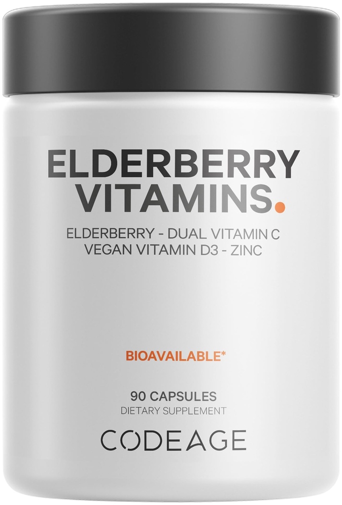 Codeage Elderberry Vitamins - Organic Fermented Elderberry Blend, Vitamina C da acido ascorbico & Ciliegie organiche di acerola, Vitamina D3, Zinco, Sambucus Berries - 90 Capsule