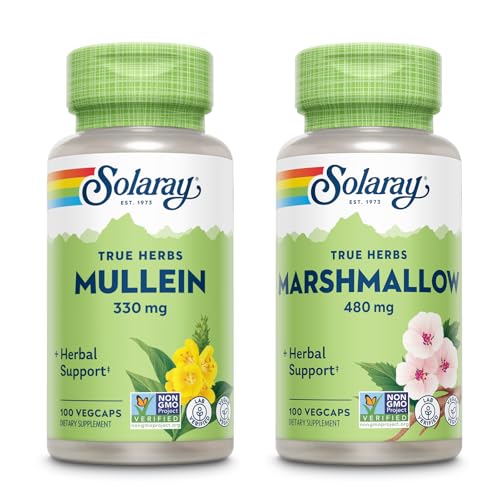 SOLARAY Mullein Leaf 330 mg und Marshmallow Root 480 mg - Wellness Bundle - Kräuter hoch in Mucilage Soluble Fiber für beruhigende Unterstützung - Vegan, Non-GMO, Lab Verified, 60-Day Garantie, 200/100 VegCaps