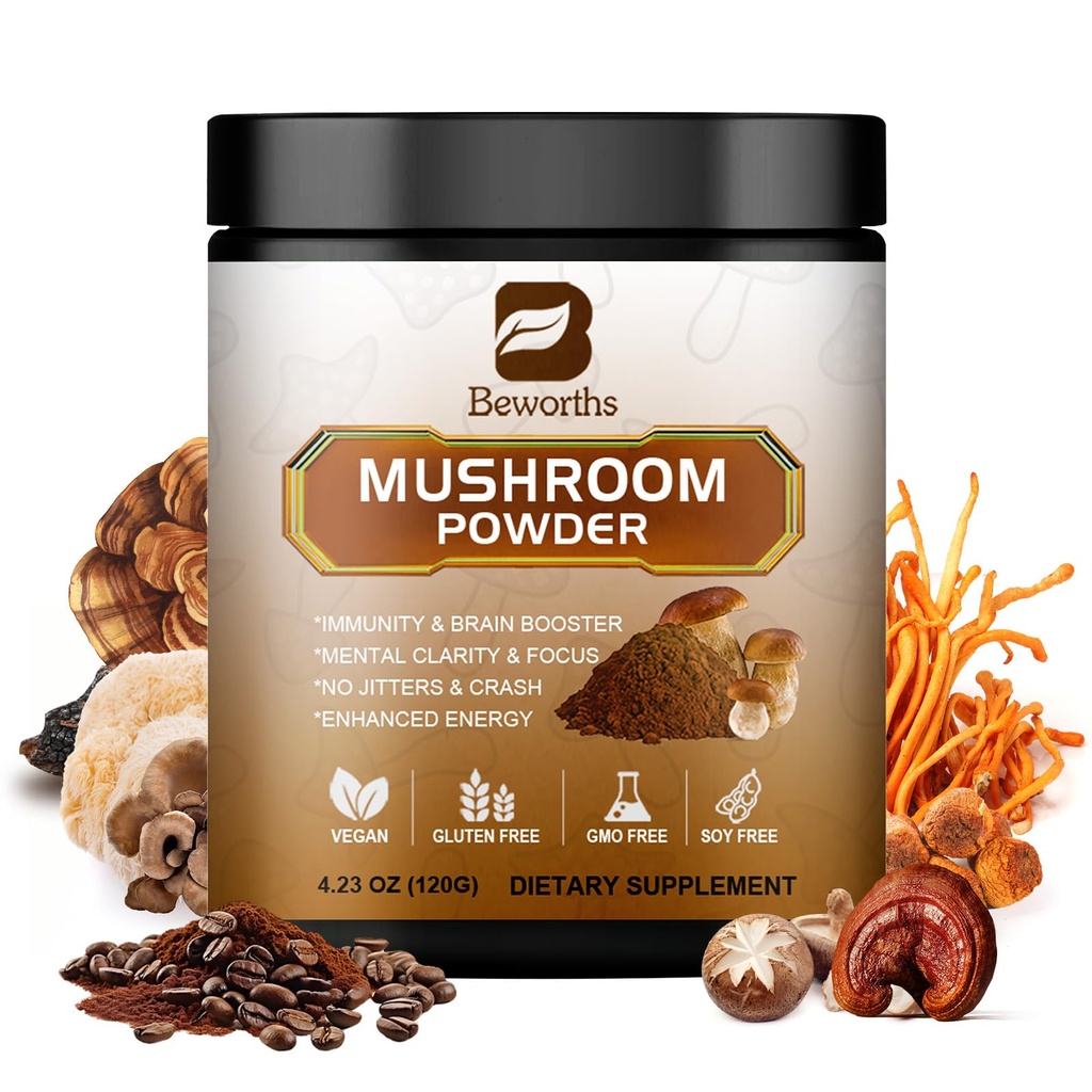Mushroom Coffee - Lions Mane Mushroom Powder Instant Coffee mit Lion's Mane, Reishi, Chaga, Cordyceps, und Türkei Tail - Pilz Coffe Alternative für Energie, Mental Clarity & Focus, Brain Booster
