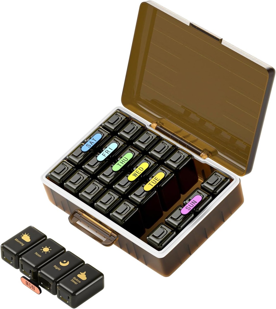 Wöchentliche Pille Organizer 4 Mal am Tag, große Komponenten Pille Box 4X 7 Tag, Medizin Organizer Pille Fall für Pillen/Vitamine/Fische Öle/Medikation/Ergänzungen (braun)