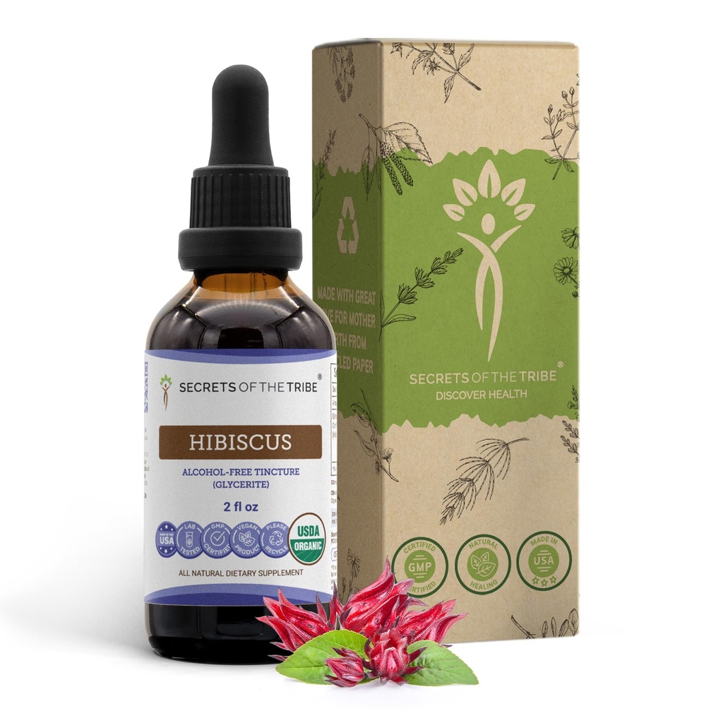 Secrets of the Tribe Hibiscus USDA Organic | Alkoholfreier Extrakt, hochauflösende Kräutertropfen | Hergestellt aus 100% zertifiziertem Bio Hibiscus Sabdariffa Getrocknete Blume 2 Unze