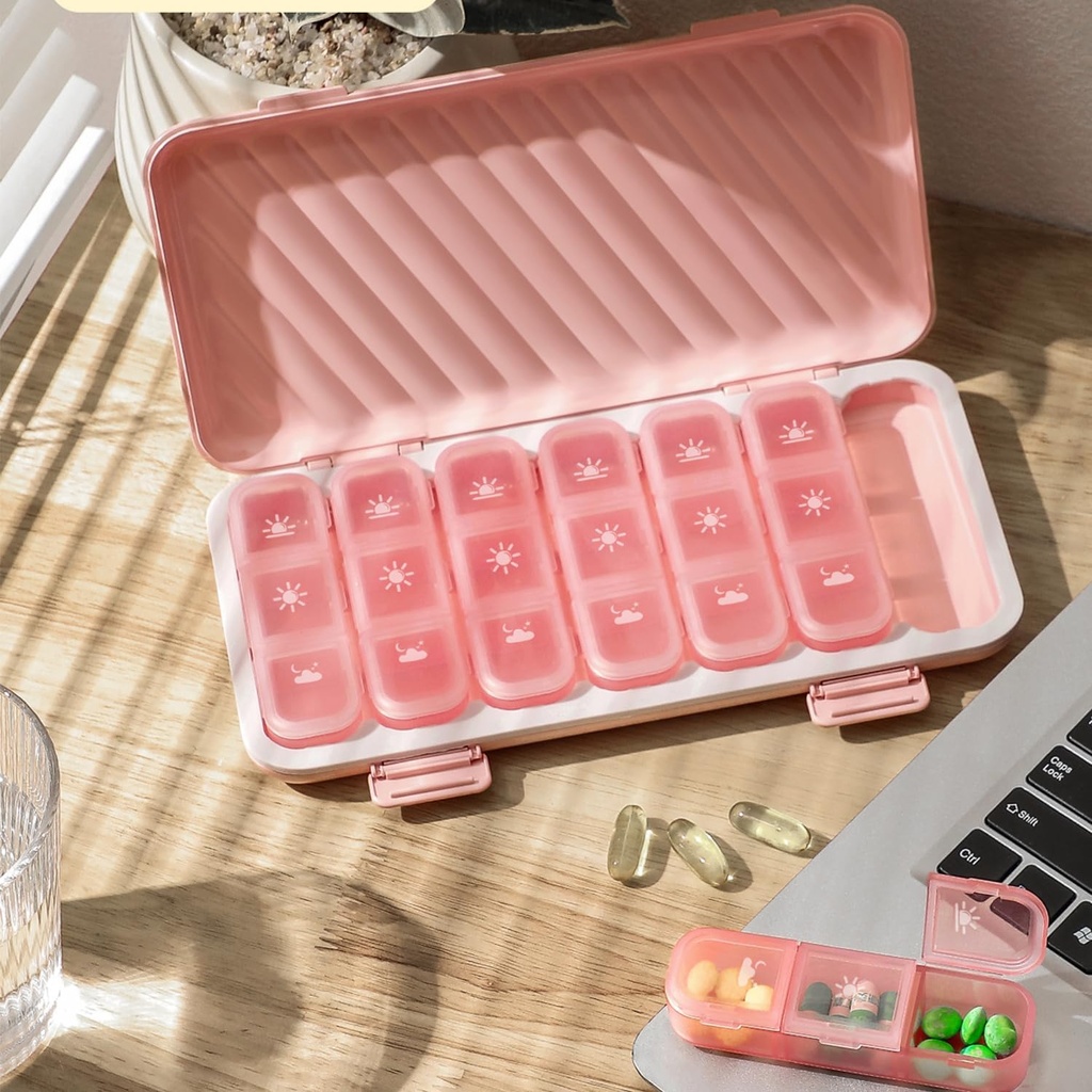 Pill Organizer 3X a Day, Pink Pill Organizer 3 Times a Day, Light-Proof Pill Box 7 Day Pill Cases, No Text Pill Box Organizer,Flat Medicine Organizer Box to Hold Vitamins and Medication(Pink)