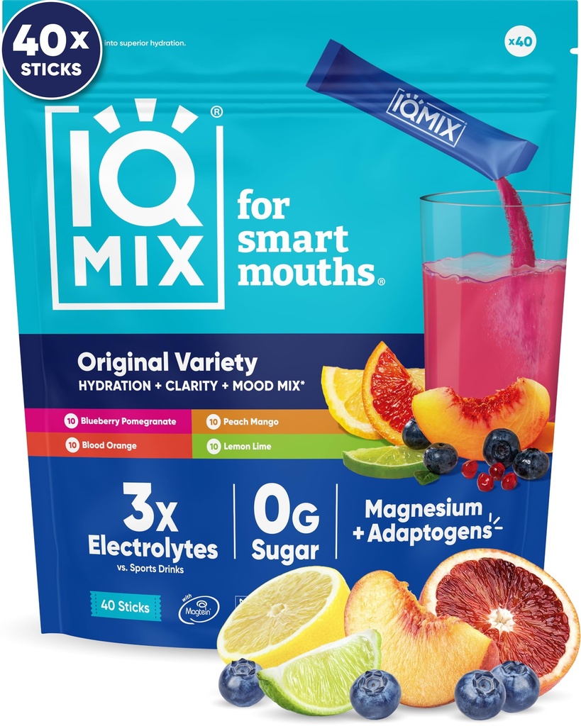 IQMIX Poudre d'électrolyte d'hydratation – Formule 4-en-1 pour l'hydratation, la clarté mentale, l'humeur et la récupération – Mélange de boissons sans sucre, Kéto, Magnésium L-Thréonate, Mane de Lion – Paquet de 40 variétés de dénombrement
