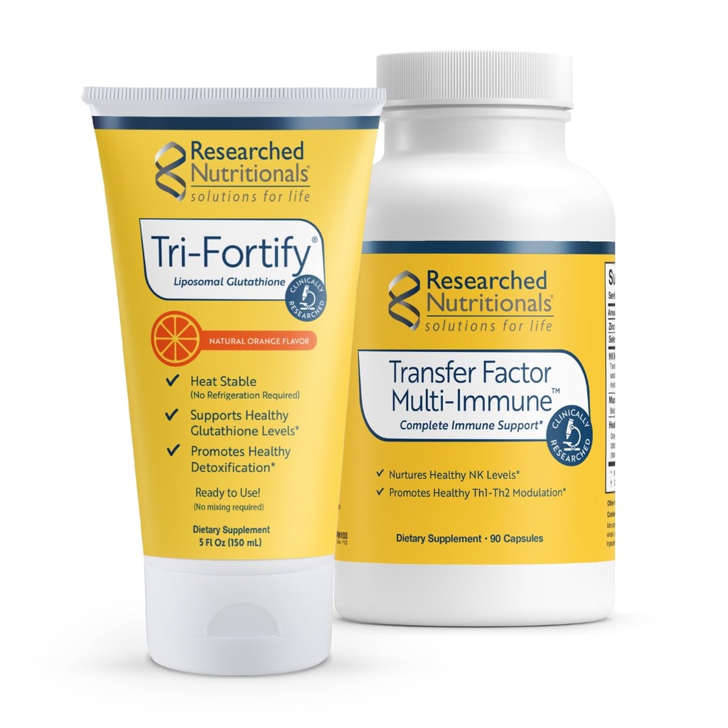 Recherches nutritionnelles Glutathion liposomique (450mg) + Supplément Colostrum & Champignons pour le soutien immunitaire - Impunity Duo amélioré - Tri-Fortify Orange + Facteur de transfert Multi-Immune (2 pièces)