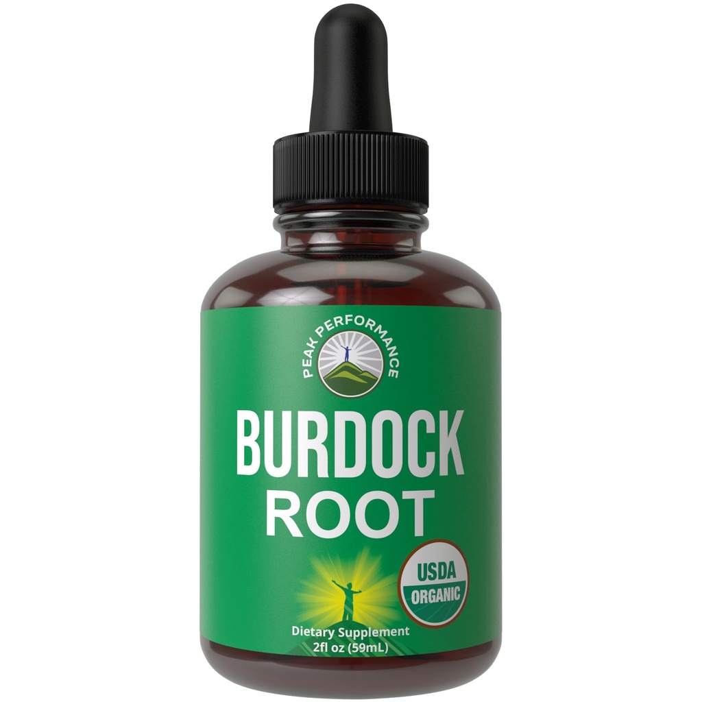 Prestazioni di picco USDA Organic Burdock Root Liquid Drops Supplemento. Vegan Estratto di tintura per le donne e gli uomini. Organic Burdock Root olio Herb. Zero Sugar, Gluten Integratori Gratis